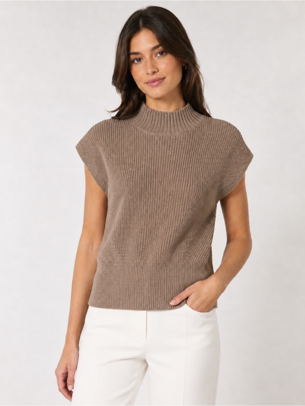 LOFT Angled Ribbed Wedge Sweater XS Taupe Mock Neck Cap Sleeve Relaxed